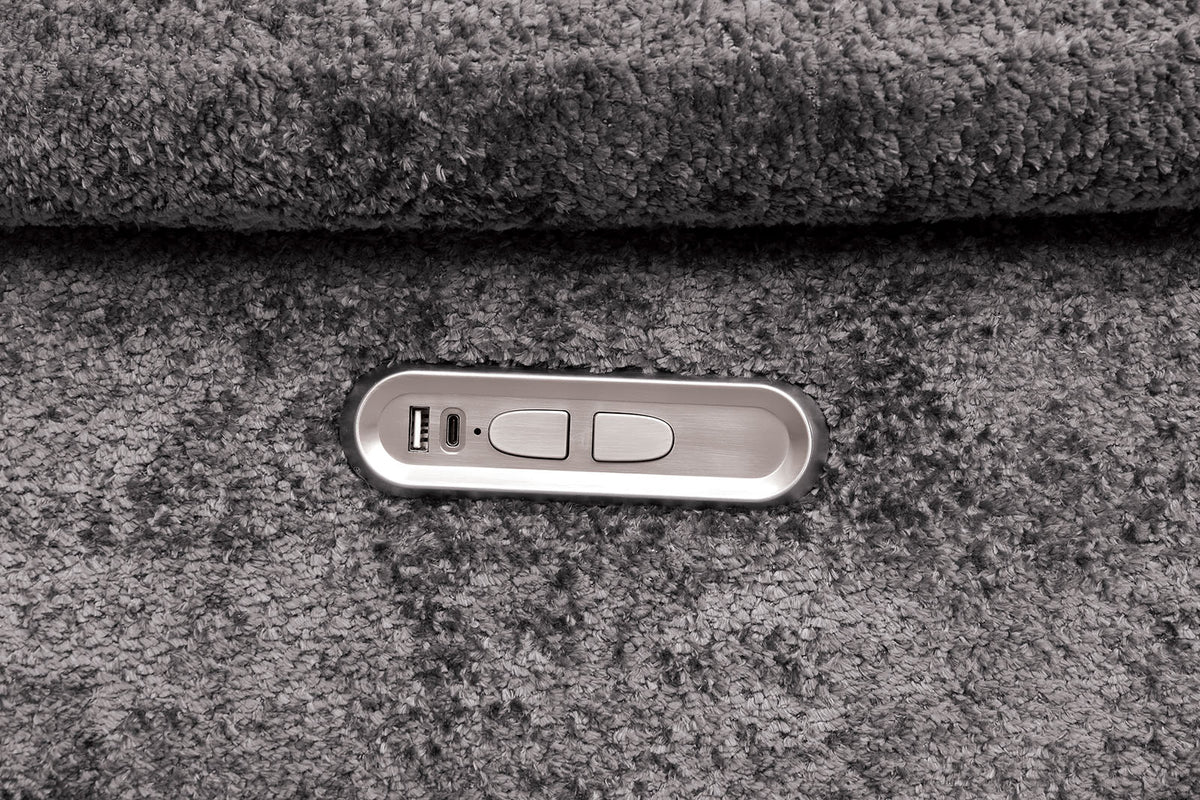 Hieronymus Dark Gray Power Sectional detail, silver USB-A and USB-C control panel, plush upholstery