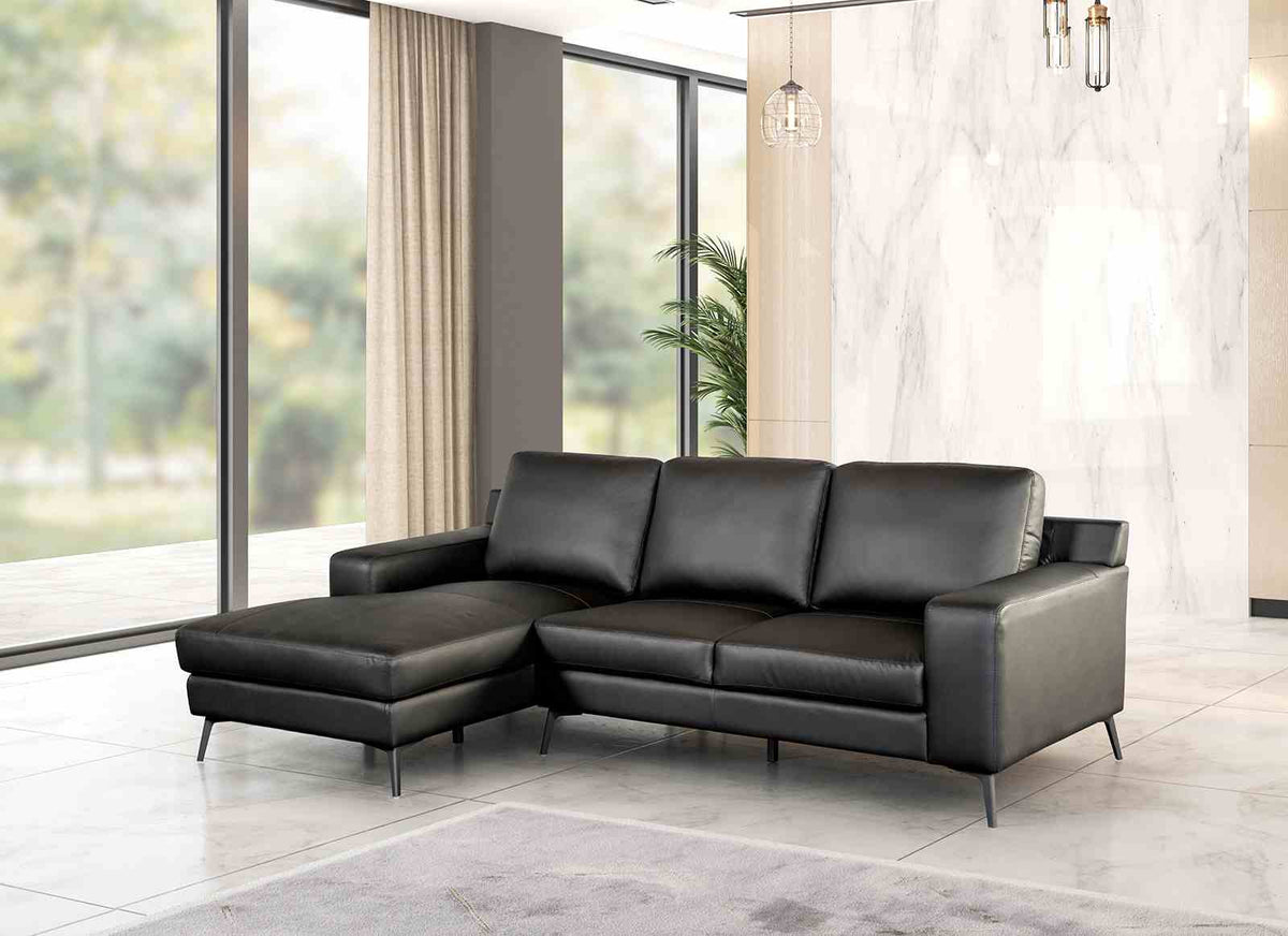 Stordal Black Sectional, left chaise, black leather match with angled metal legs, three-quarter view