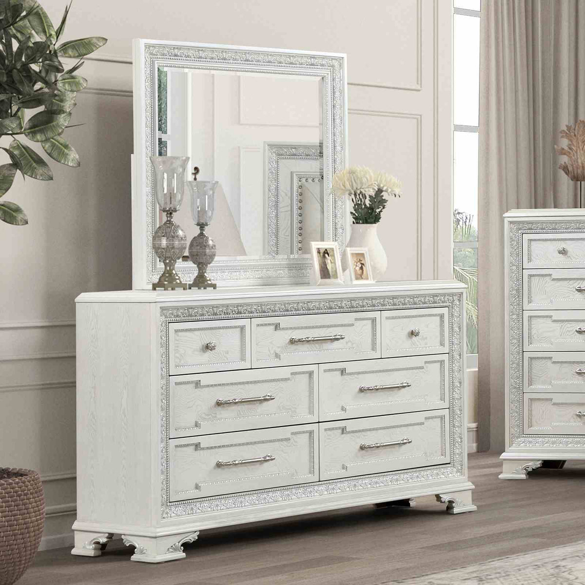 Stella Mia dresser, six drawers and matching mirror, creamy white finish