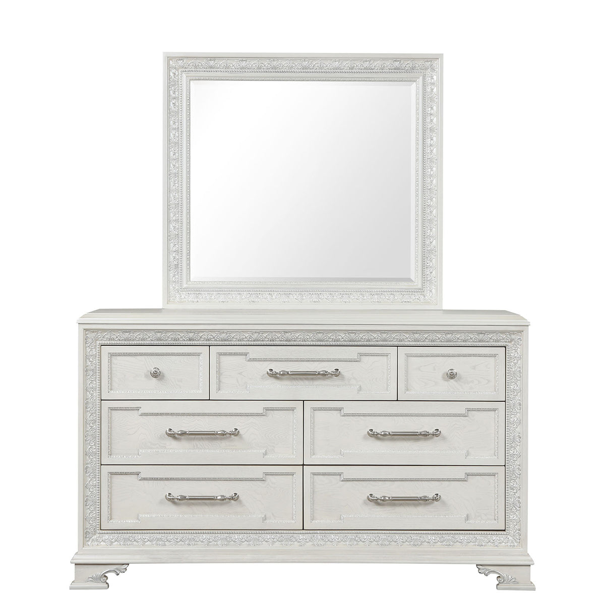 Stella Mia dresser, front view, six drawers and ornate silver pulls