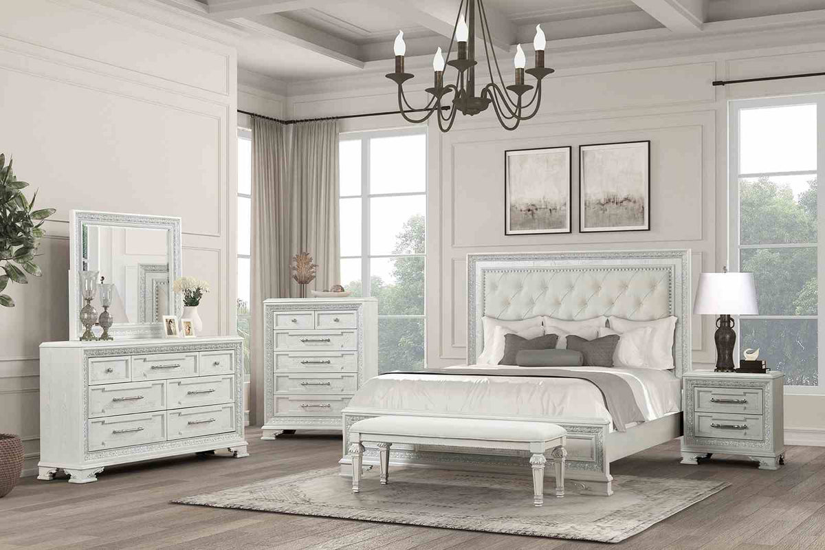 Stella Mia Queen Bedroom Set, creamy white finish with tufted bed, dresser, mirror, chest and nightstand