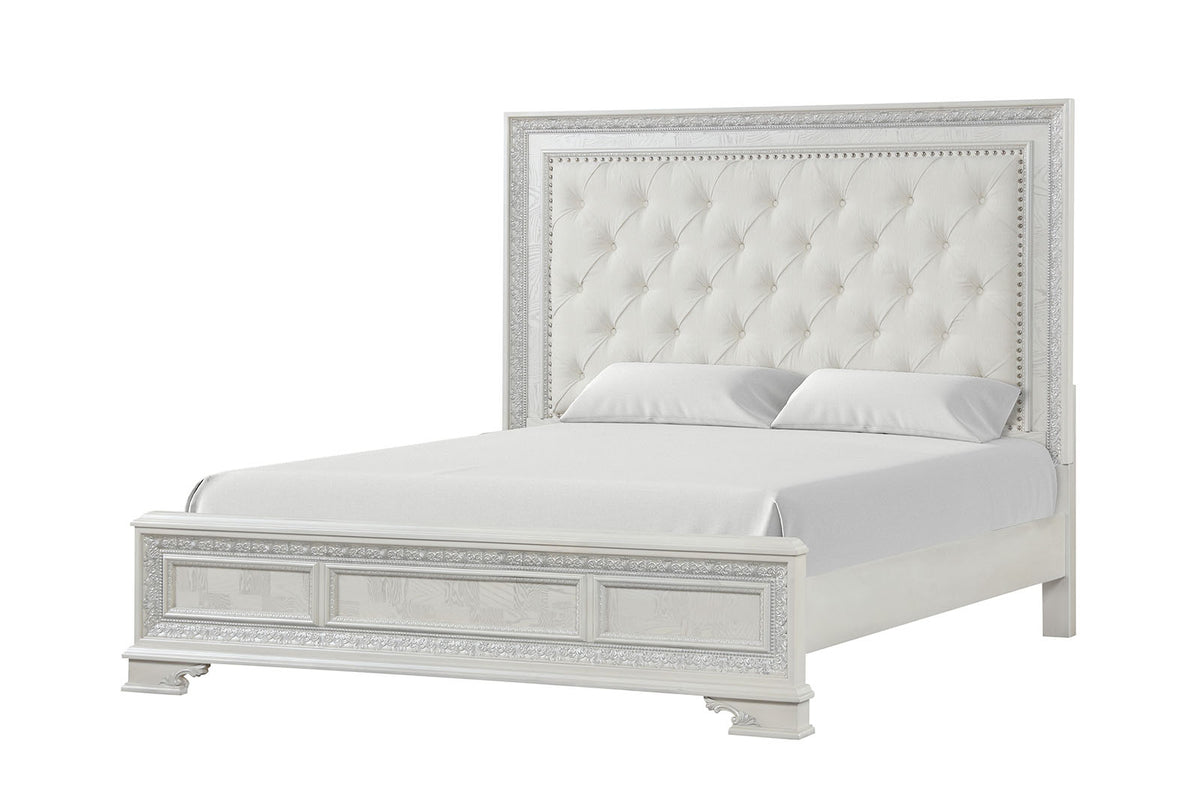 Stella Mia queen bed, tufted headboard and carved footboard, creamy white