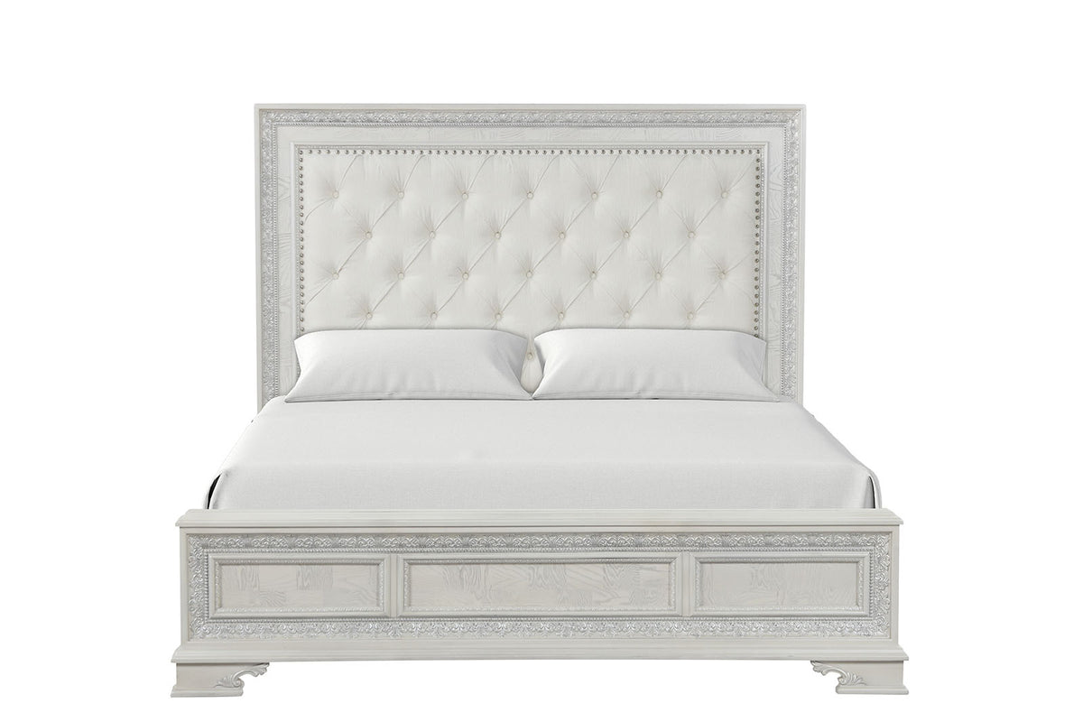 Stella Mia queen bed, front view, tufted headboard with ornate trim, creamy white