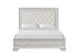 Stella Mia queen bed, front view, tufted headboard with ornate trim, creamy white