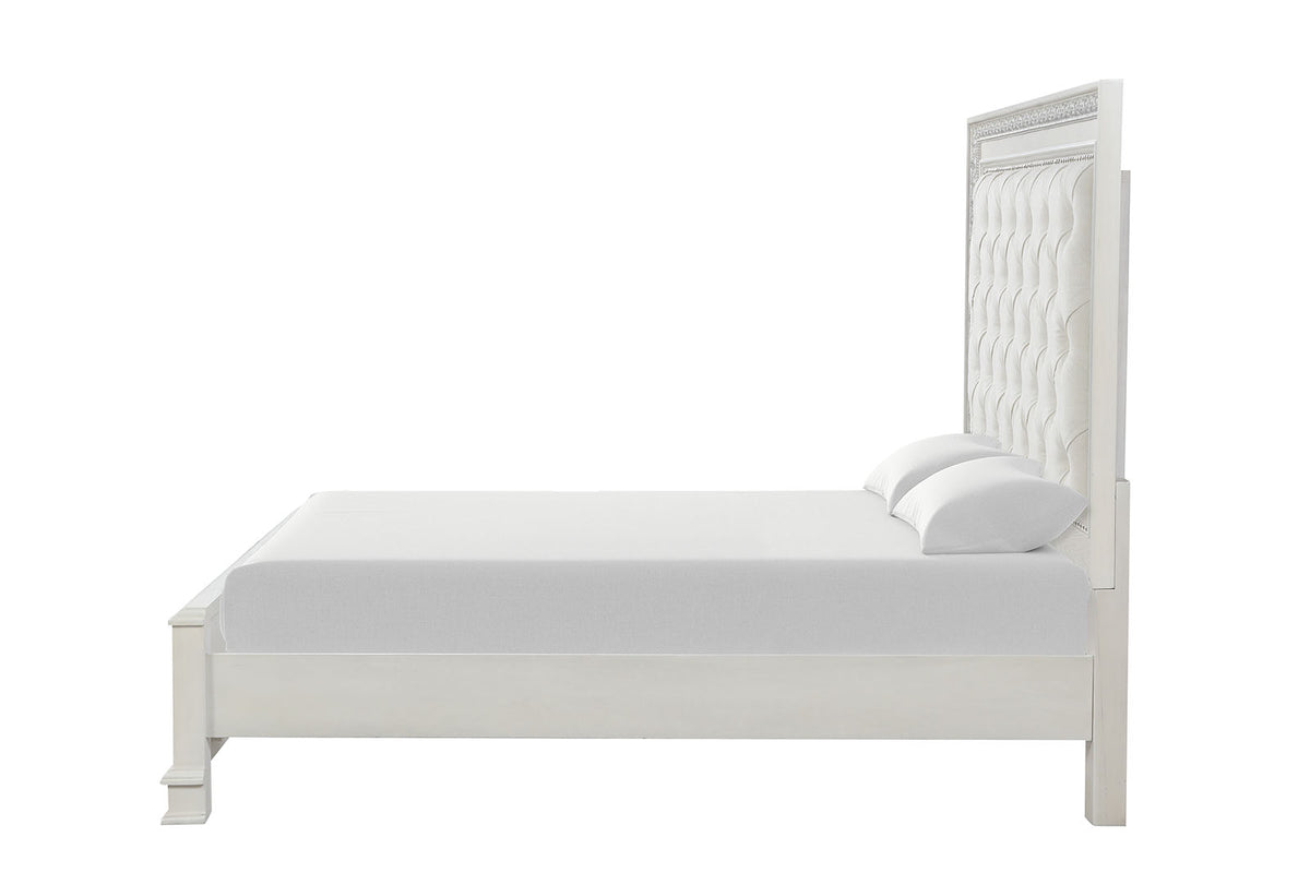 Stella Mia queen bed, side view, tall tufted headboard and low profile frame