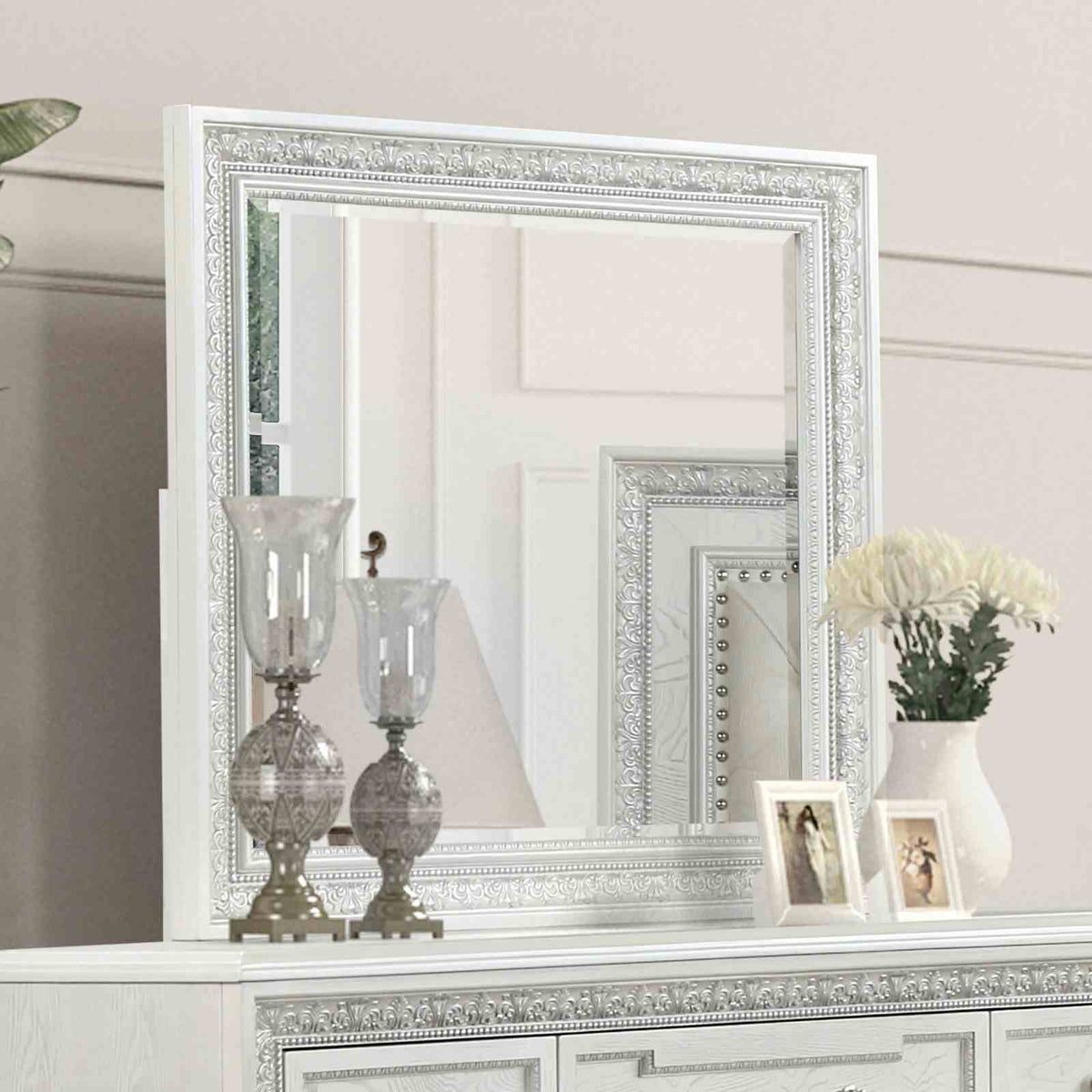 Stella Mia dresser with mirror, six drawers and ornate framed mirror, creamy white
