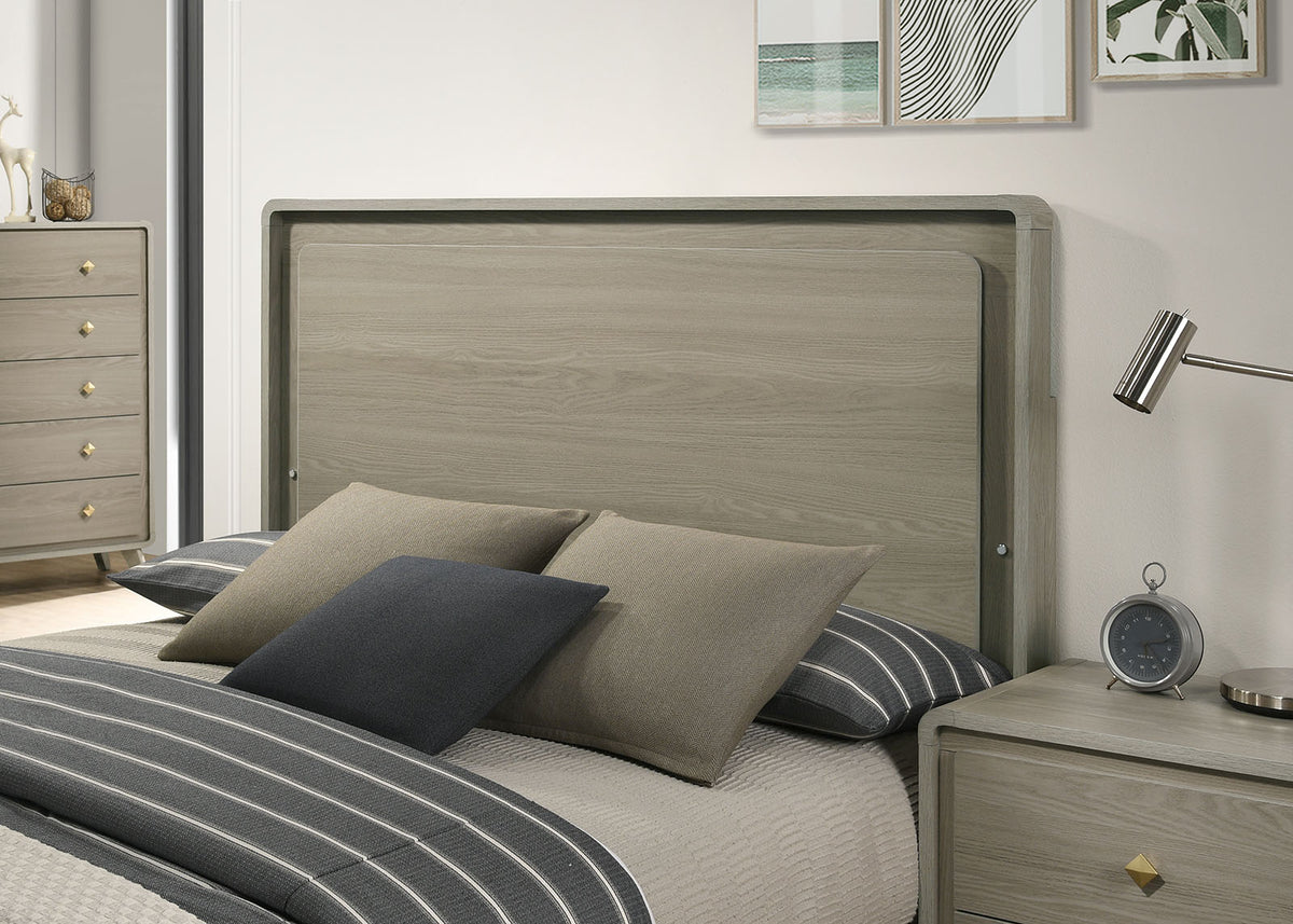 Rainier Gray Queen Bed, panel headboard and low footboard, front view