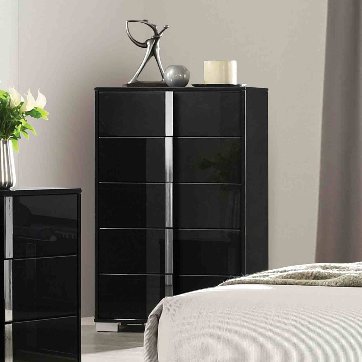 Sinistra Piano Black 5 Pc Queen Bedroom Set from Furniture of America - Luna Furniture