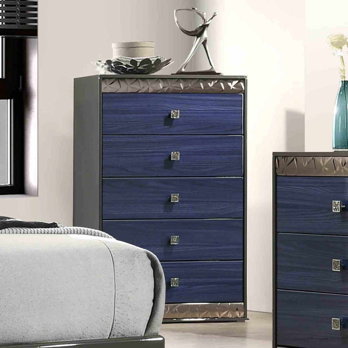 Hartlepool Ash Gray/Indigo Blue 5 Pc Queen Bedroom Set from Furniture of America - Luna Furniture