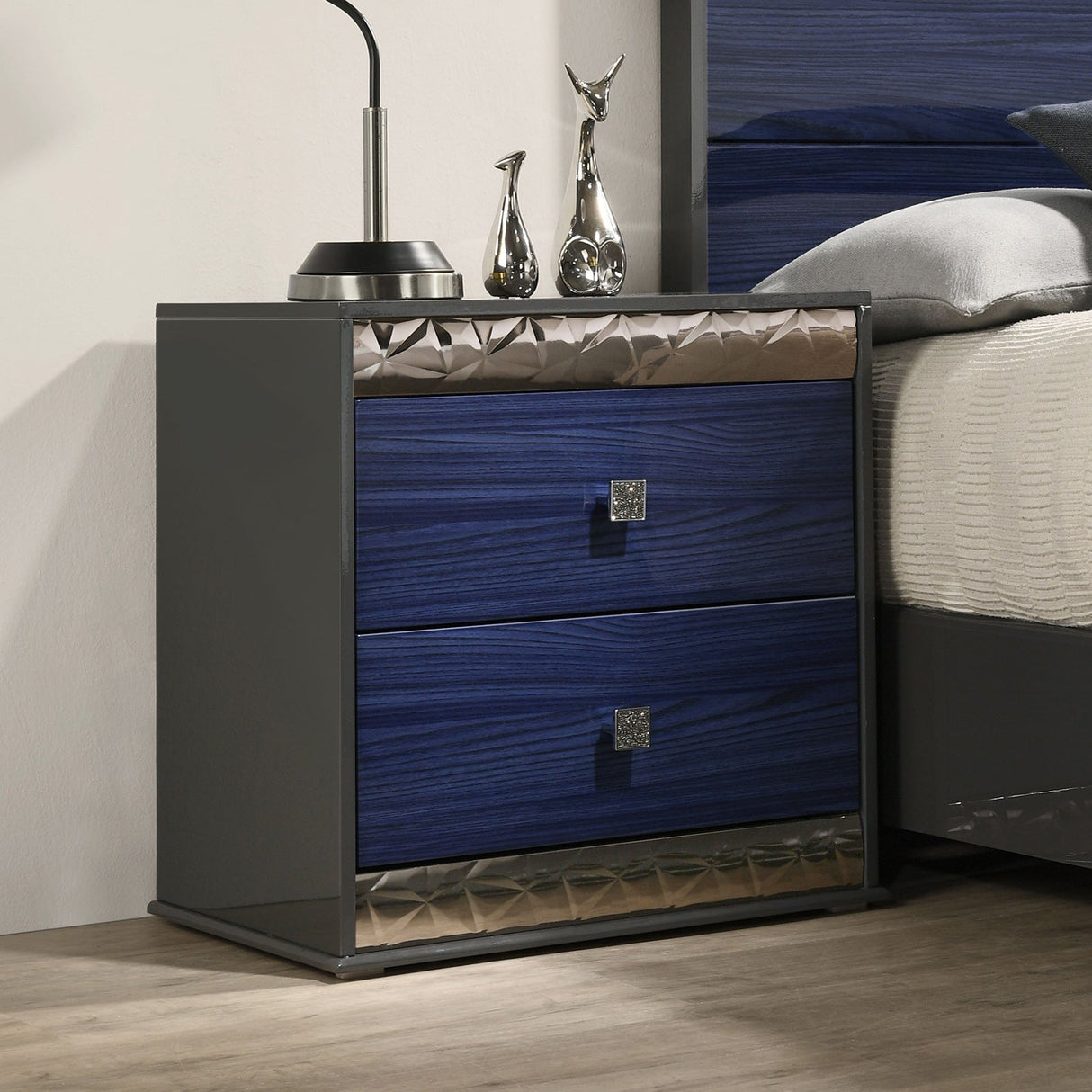 Morcote Ash Gray/Indigo Blue Glam Bedroom Set from Furniture of America - Luna Furniture