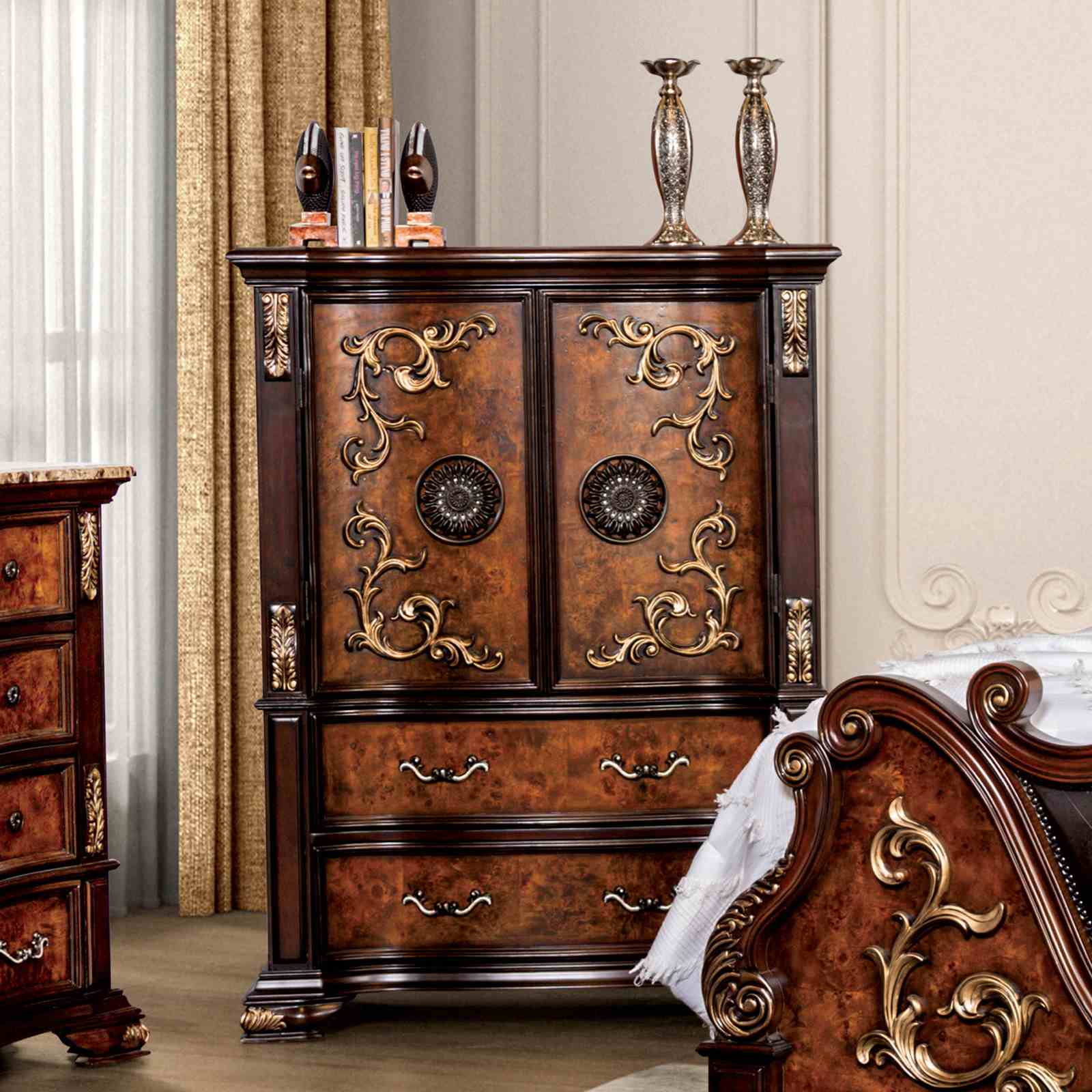 クイーンズヘナ　【ナチュラル・レッド・ニューブラウン 】　3点セット Furniture of America Aquilina Dark Cherry/Oak 5-Piece Queen