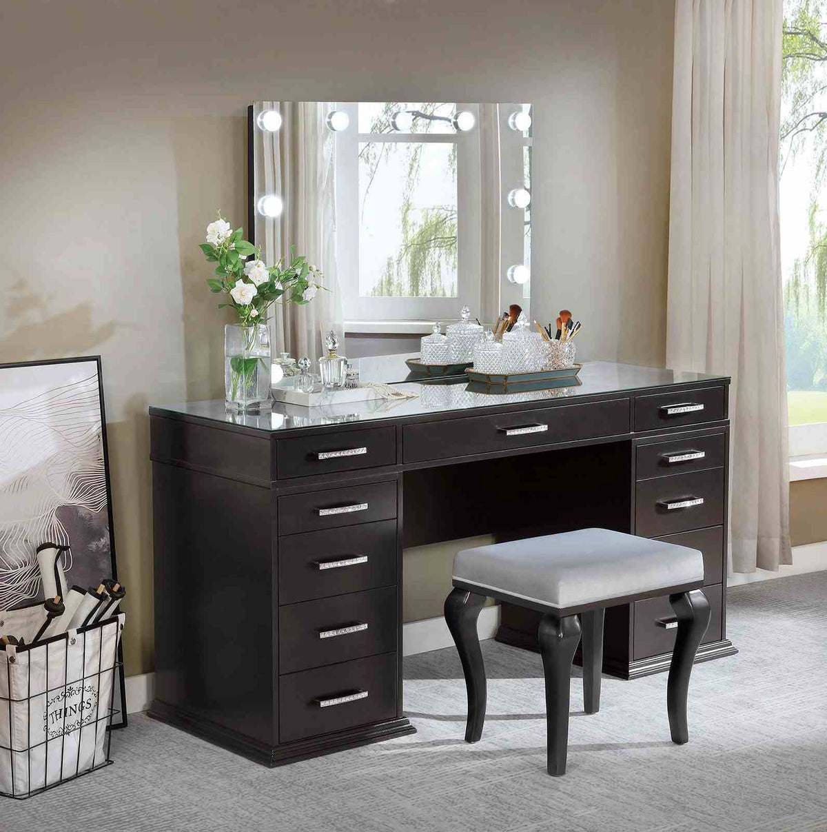Valentina Obsidian Gray Vanity Set from Furniture of America - Luna Furniture