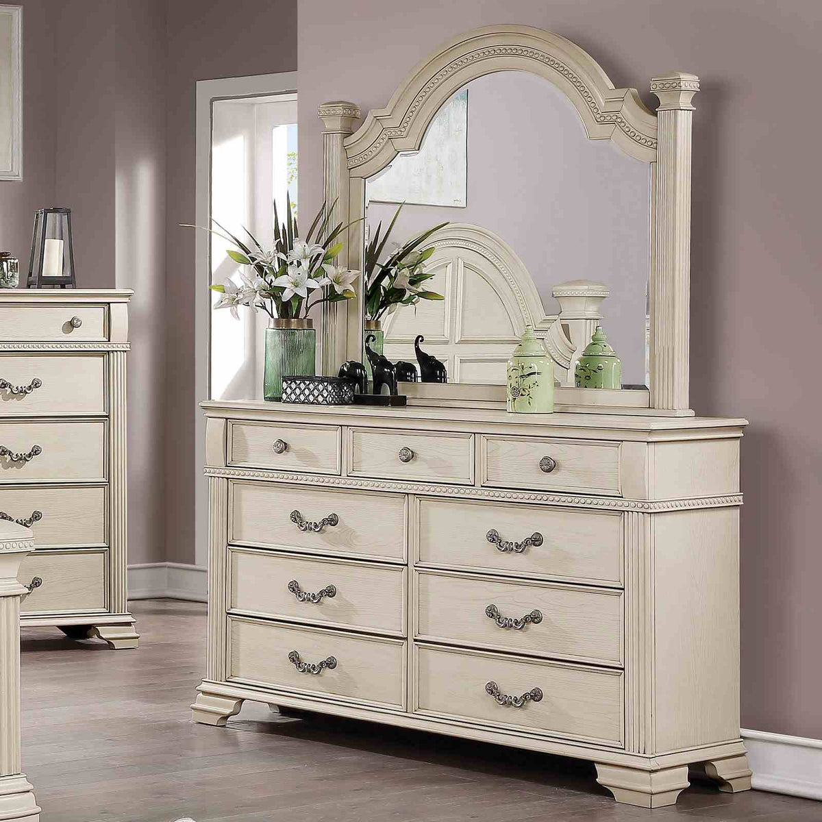 Pamphilos Antique White 5-Piece Queen Bedroom Set from Furniture of America - Luna Furniture