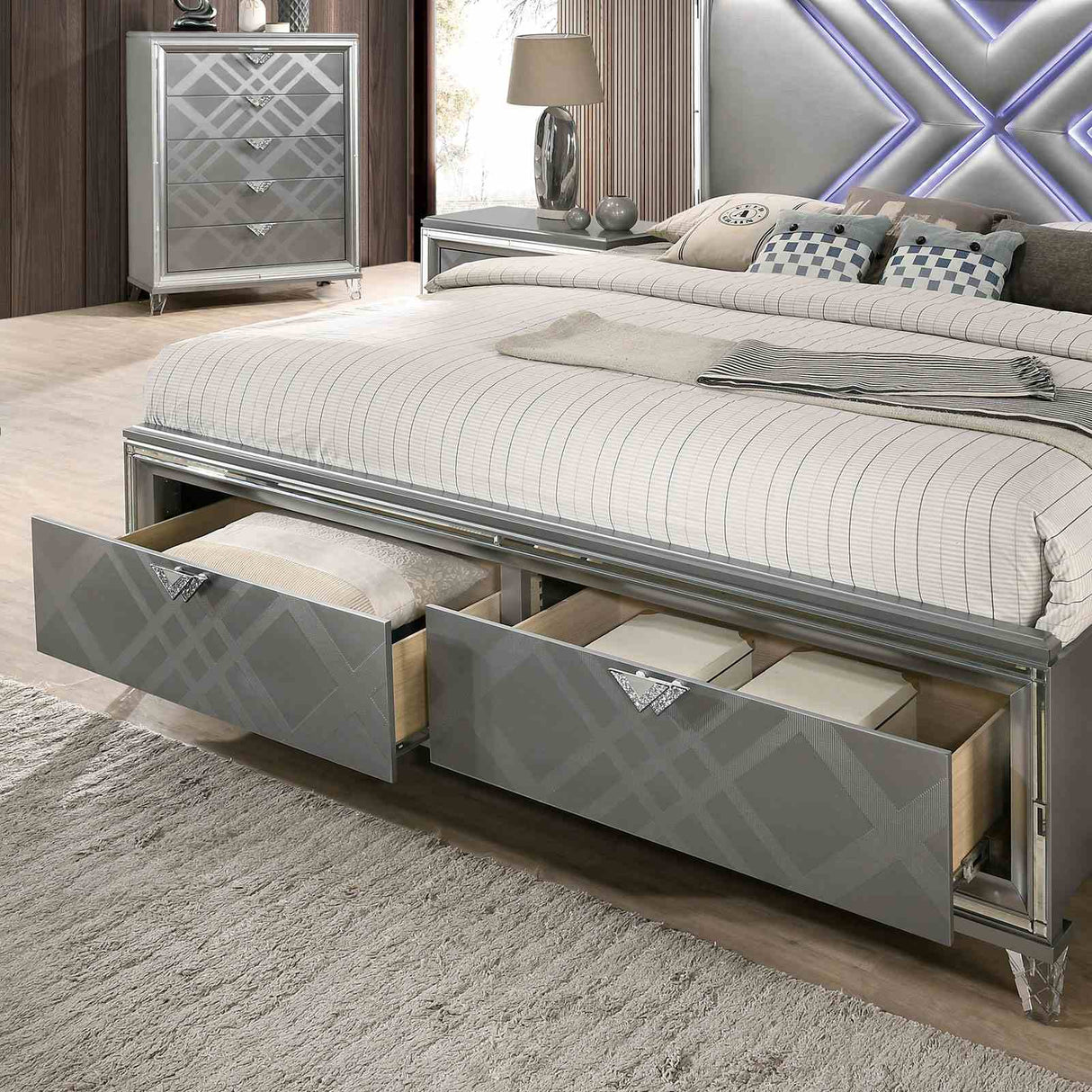 Emmeline Silver LED King Storage Platform Bed from Furniture of America - Luna Furniture