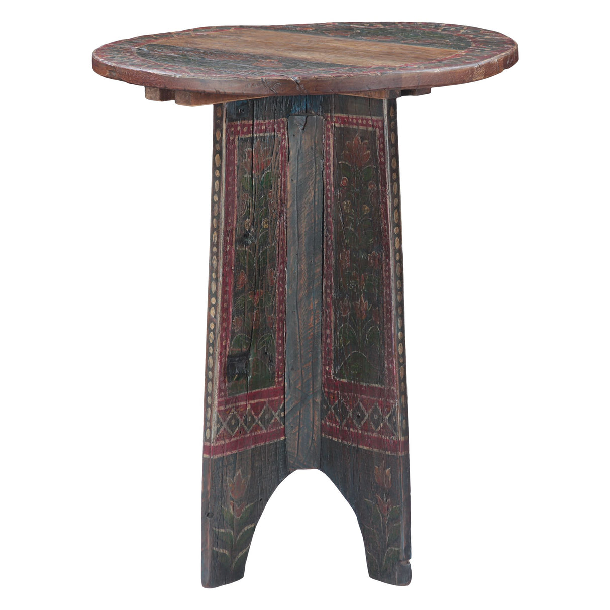 Rustic Roots round side table, hand-painted pedestal base, three-quarter view