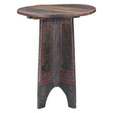 Rustic Roots round side table, hand-painted pedestal base, three-quarter view