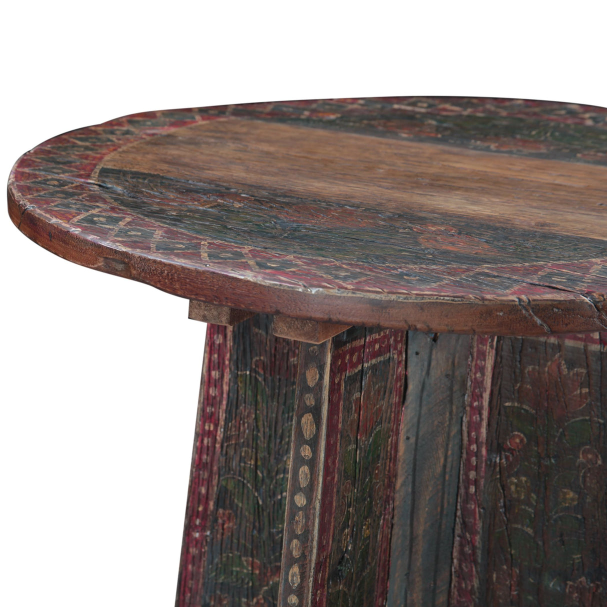 Rustic Roots side table top and base detail, hand-painted reclaimed wood, angled close-up