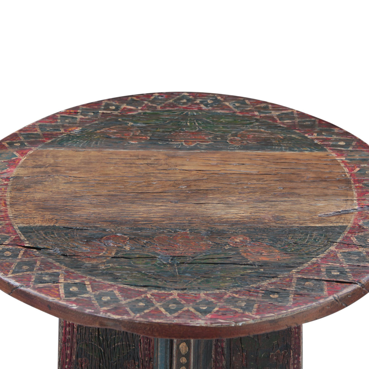 Rustic Roots round side table, hand-painted reclaimed wood top, close-up detail