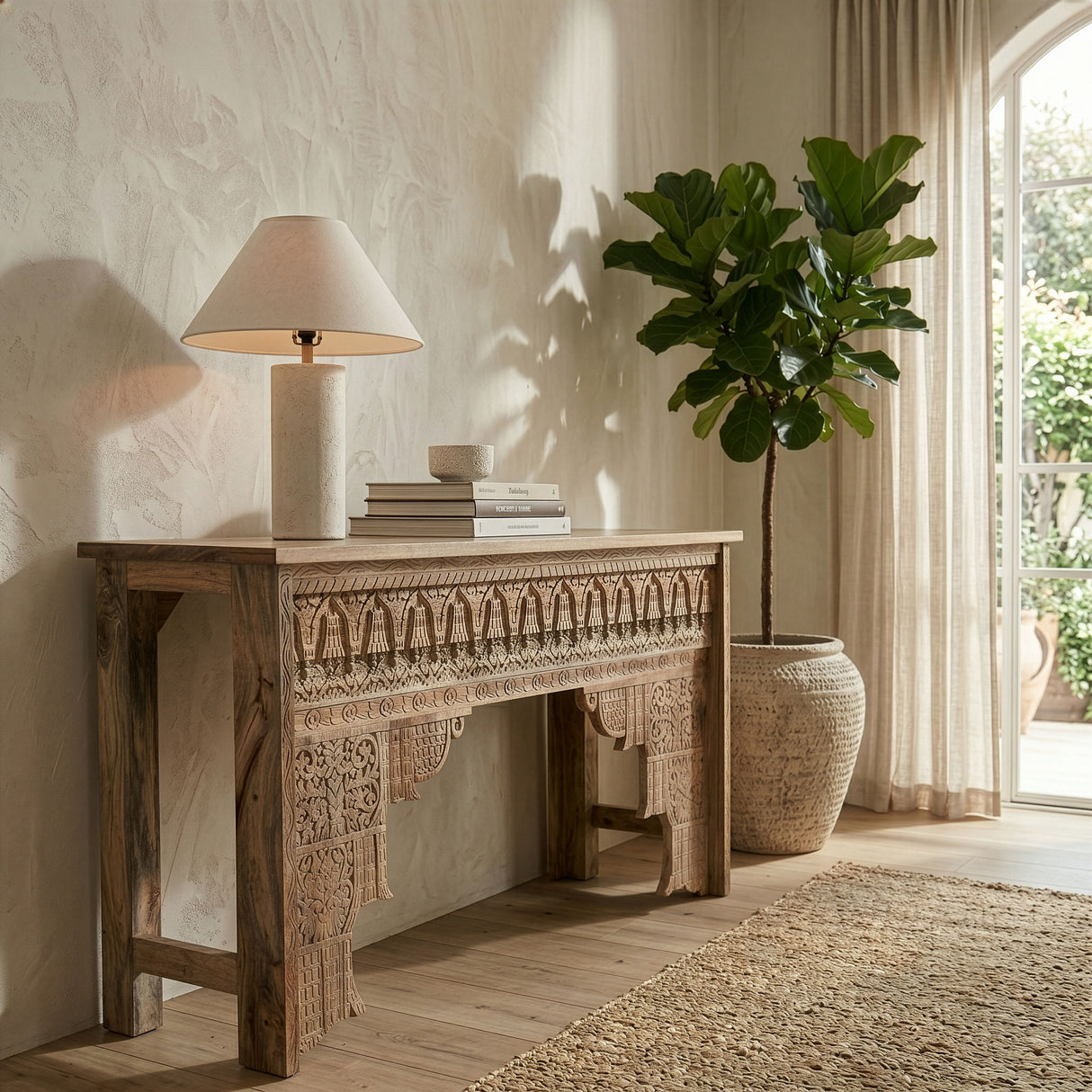Tribal 59" Natural Carved Wood Console Table