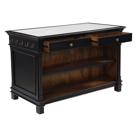 Turin 58" Kitchen Island in Distressed Black with White Marble Top from Home Trends & Design - Luna Furniture