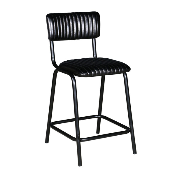 Wellington Bob 17" Ribbed Leather Counter Chair in Black Leather with Black Legs