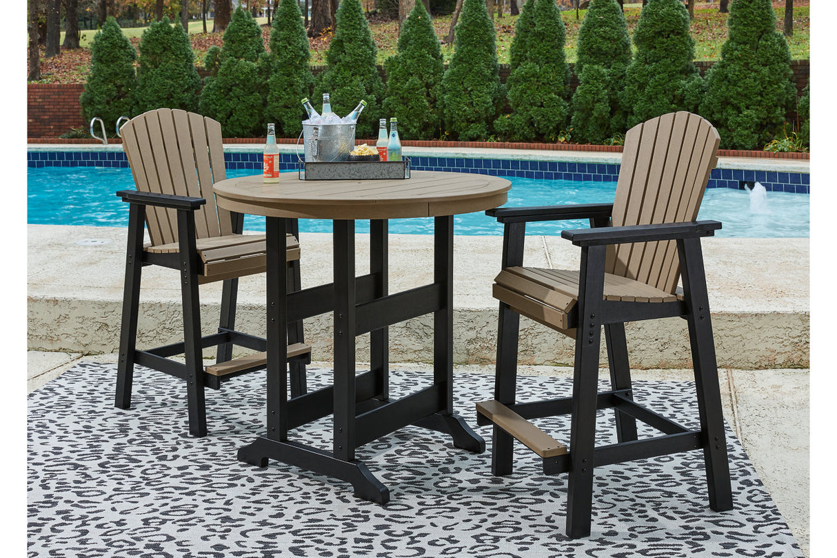 Fairen Trail Black/Driftwood Outdoor Counter Height Dining Table with 2 Barstools from Ashley Furniture - Luna Furniture