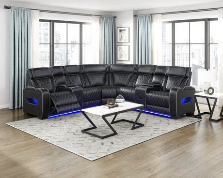 Fairway Black 3-Piece LED Power Reclining Sectional with Consoles and Wireless Speakers from Homelegance - Luna Furniture