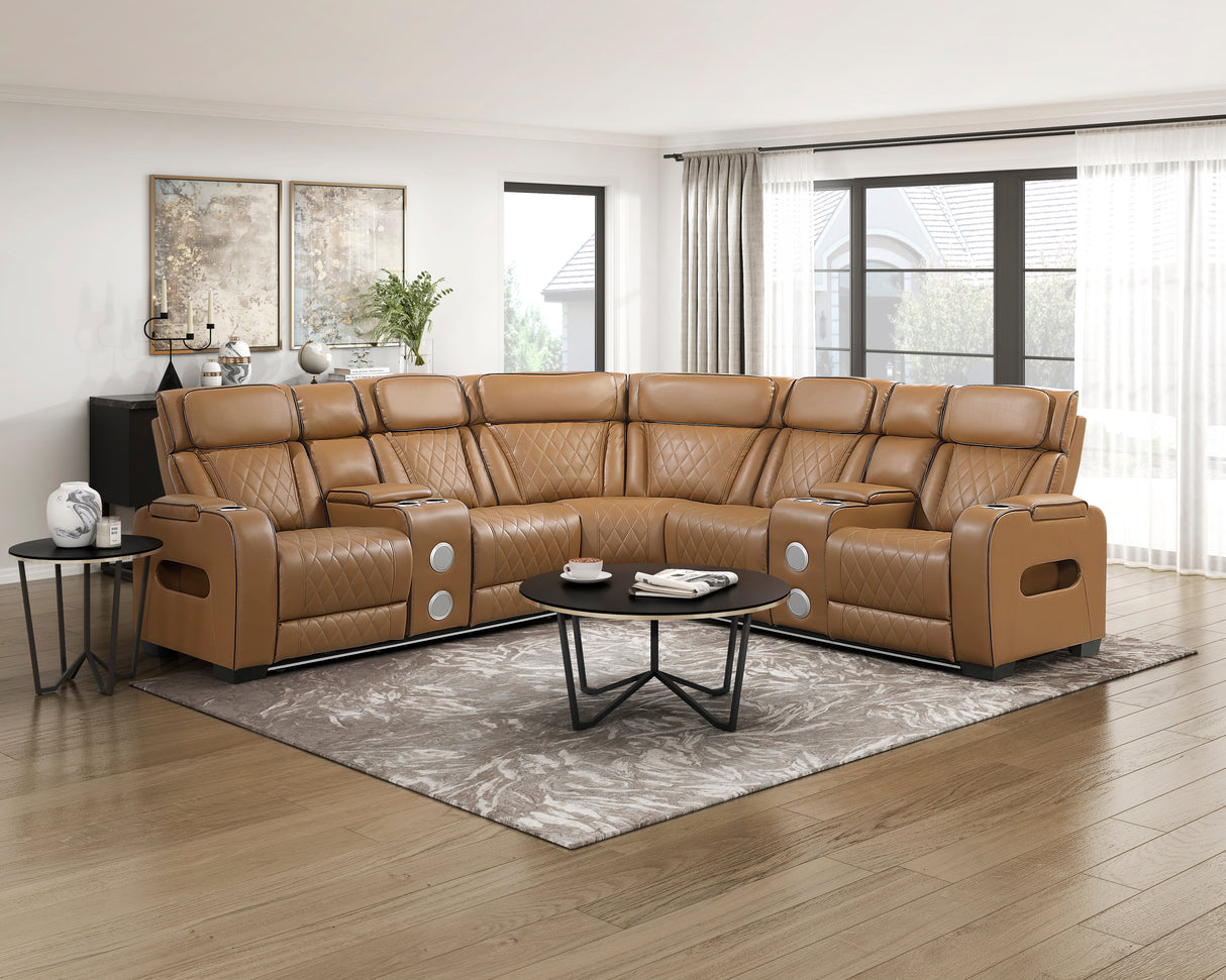 Fairway Brown 3-Piece LED Power Reclining Sectional with Consoles and Wireless speakers from Homelegance - Luna Furniture