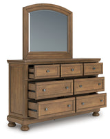 Feddinger California King Panel Bed with Mirrored Dresser, Chest and 2 Nightstands in Medium Brown from Ashley - Luna Furniture