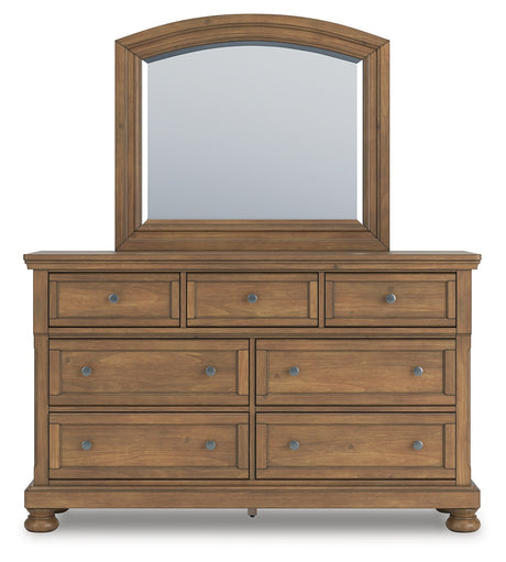 Feddinger California King Panel Bed with Mirrored Dresser and 2 Nightstands in Medium Brown from Ashley - Luna Furniture