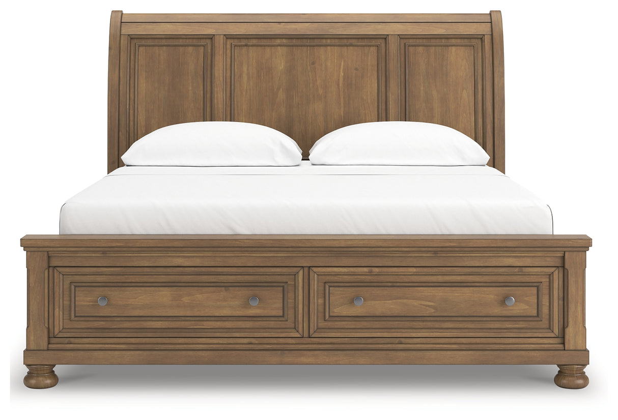 Feddinger California King Storage Sleigh Bed with Dresser and Nightstand in Medium Brown from Ashley - Luna Furniture