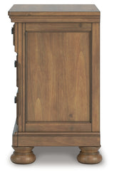 Feddinger California King Storage Sleigh Bed with Mirrored Dresser, Chest and 2 Nightstands in Medium Brown from Ashley - Luna Furniture