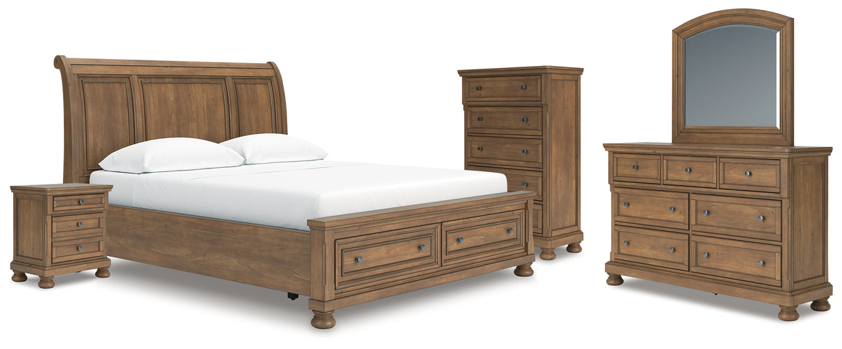 Feddinger California King Storage Sleigh Bed with Mirrored Dresser, Chest and Nightstand in Medium Brown from Ashley - Luna Furniture