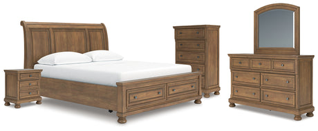 Feddinger California King Storage Sleigh Bed with Mirrored Dresser, Chest and Nightstand in Medium Brown from Ashley - Luna Furniture