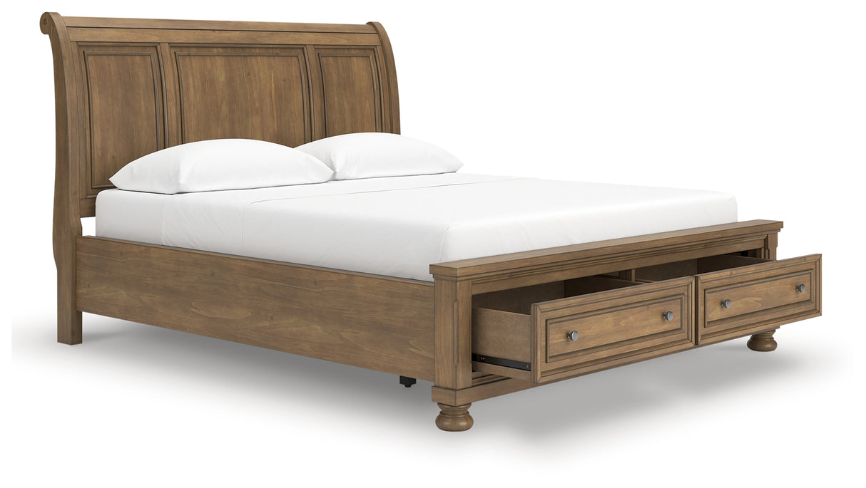 Feddinger California King Storage Sleigh Bed with Mirrored Dresser and 2 Nightstands in Medium Brown from Ashley - Luna Furniture