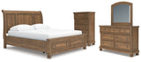 Feddinger California King Storage Sleigh Bed with Mirrored Dresser and Chest in Medium Brown from Ashley - Luna Furniture