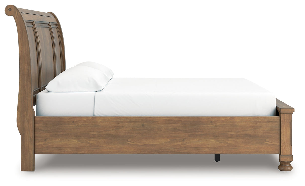 Feddinger California King Storage Sleigh Bed with Mirrored Dresser and Chest in Medium Brown from Ashley - Luna Furniture