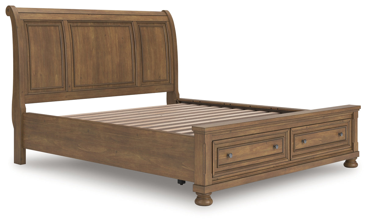 Feddinger California King Storage Sleigh Bed with Mirrored Dresser and Chest in Medium Brown from Ashley - Luna Furniture