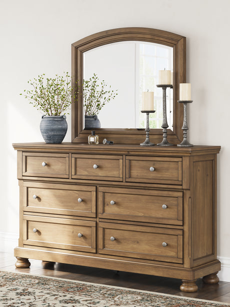 Feddinger King Panel Bed with Mirrored Dresser and 2 Nightstands in Medium Brown from Ashley - Luna Furniture