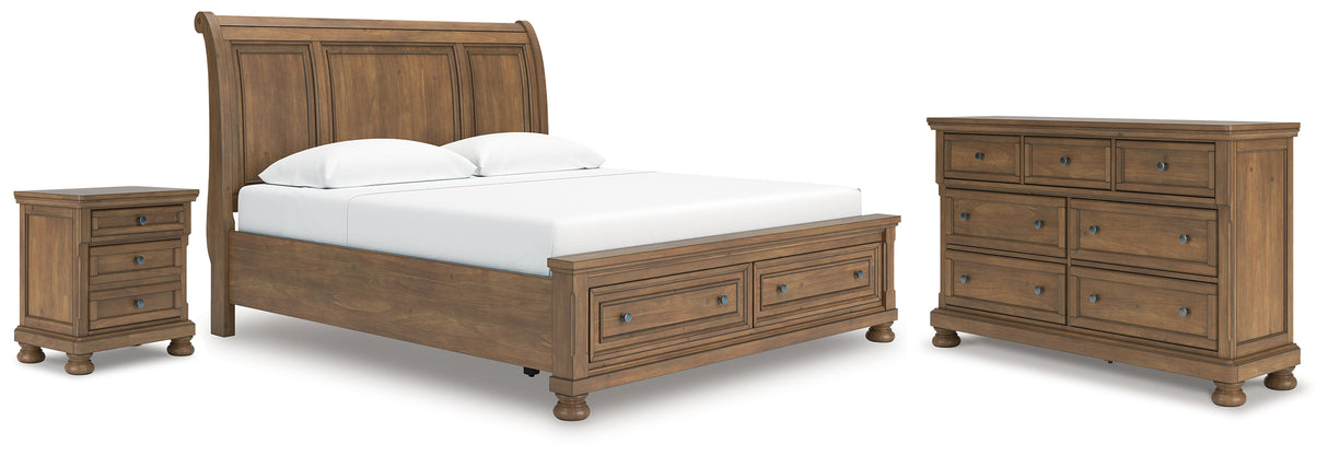 Feddinger King Storage Sleigh Bed with Dresser and Nightstand in Medium Brown from Ashley Furniture - Luna Furniture