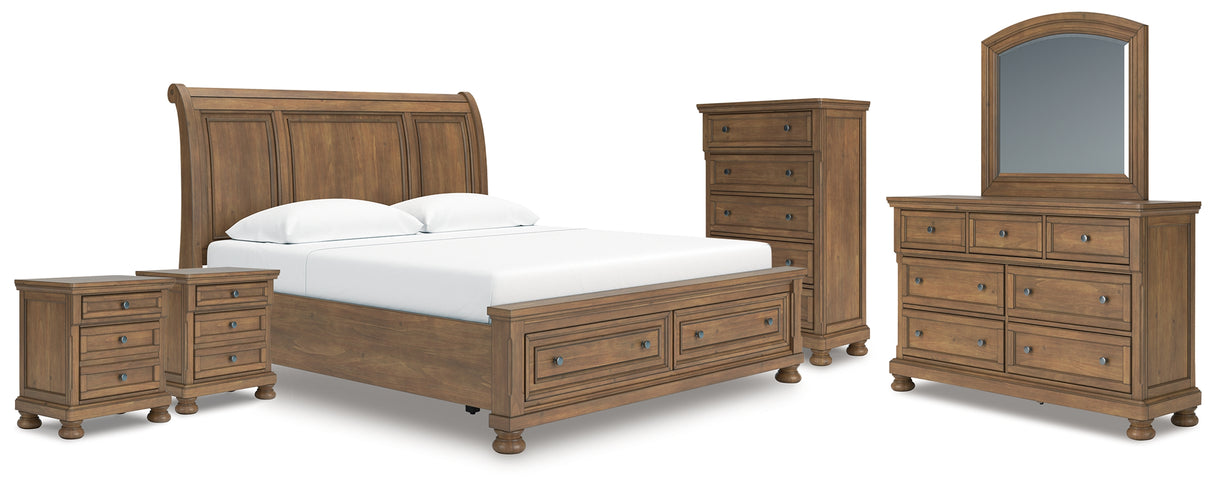 Feddinger King Storage Sleigh Bed with Mirrored Dresser, Chest and 2 Nightstands in Medium Brown from Ashley - Luna Furniture
