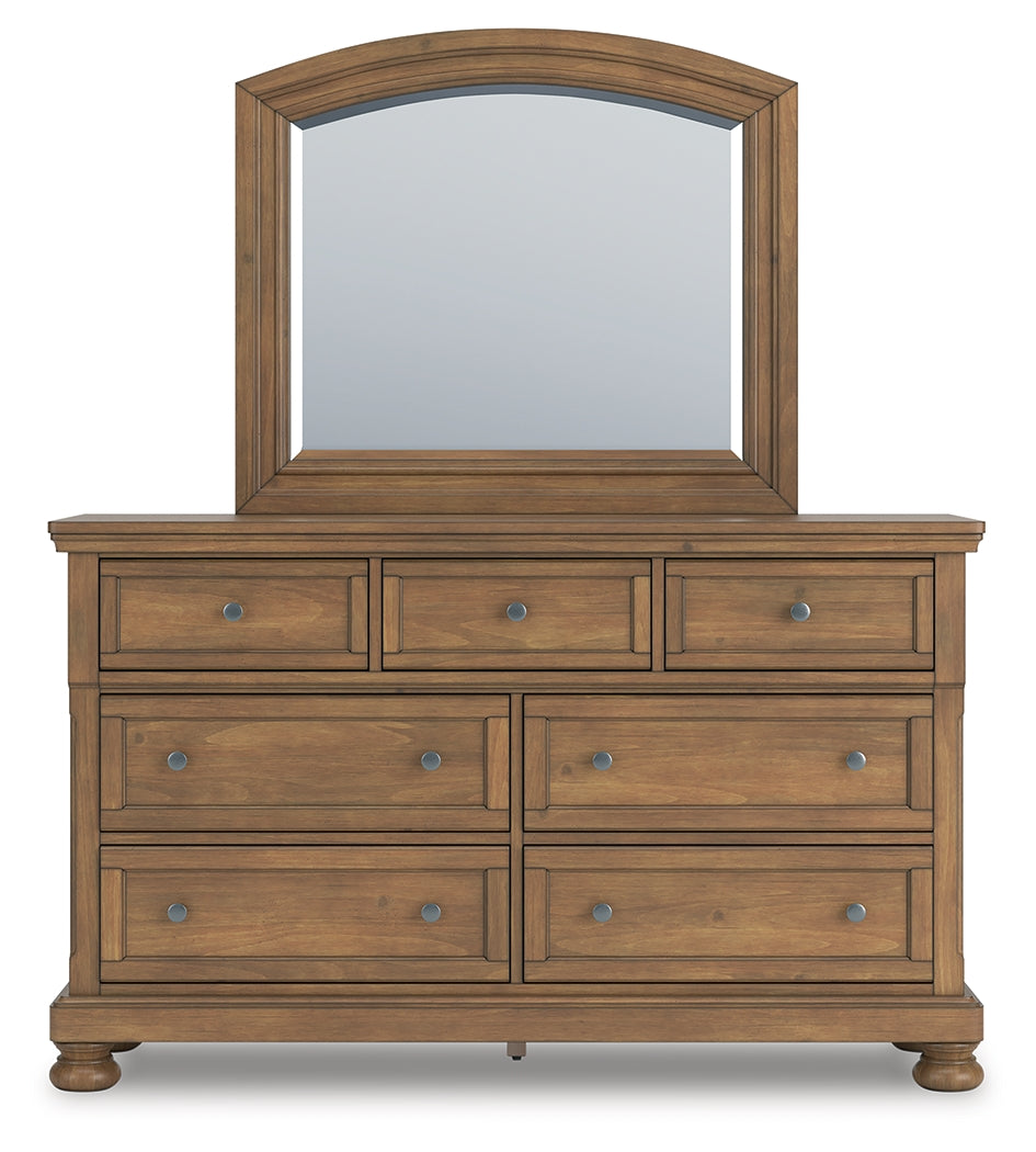 Feddinger King Storage Sleigh Bed with Mirrored Dresser and Chest in Medium Brown from Ashley Furniture - Luna Furniture