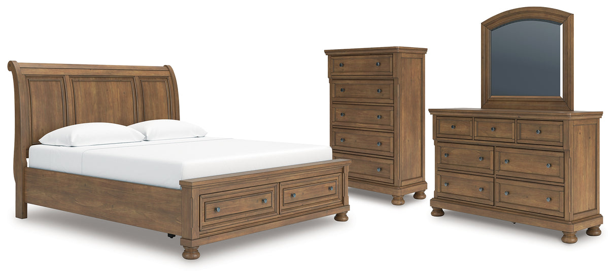 Feddinger King Storage Sleigh Bed with Mirrored Dresser and Chest in Medium Brown from Ashley Furniture - Luna Furniture