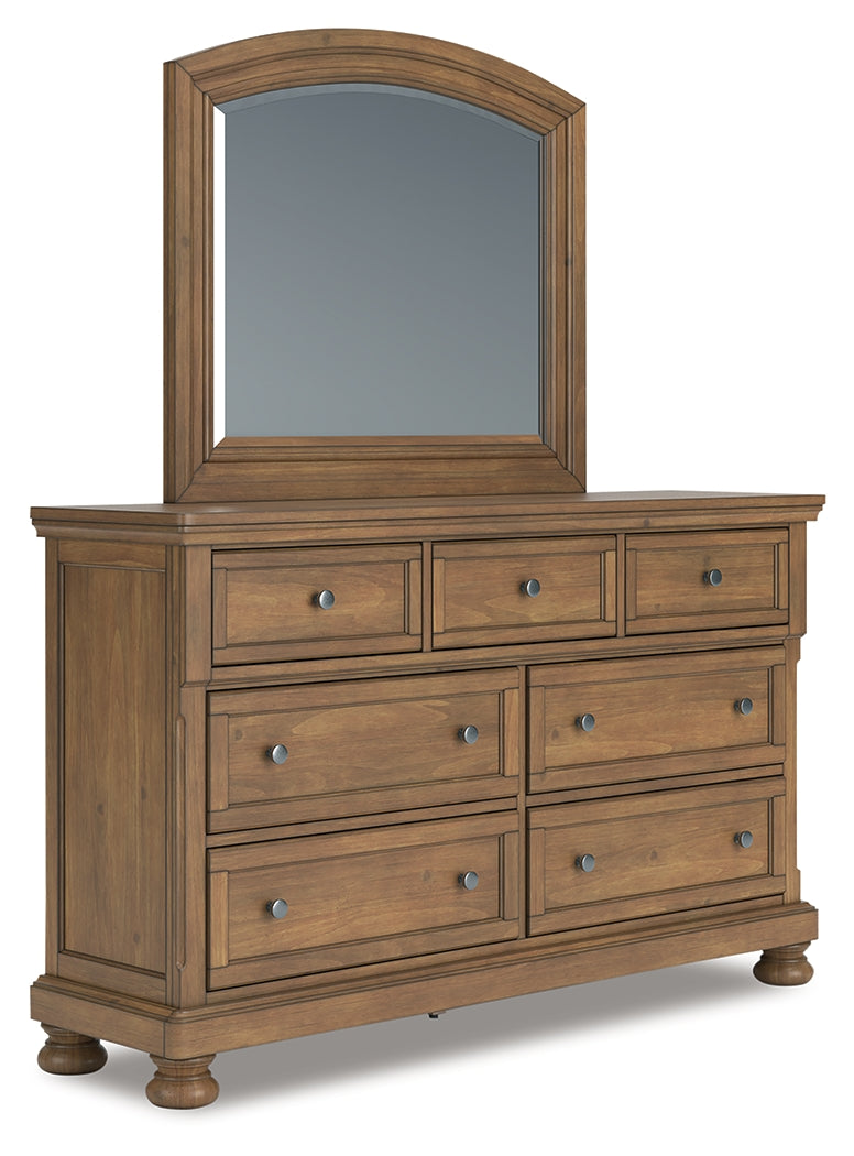 Feddinger King Storage Sleigh Bed with Mirrored Dresser and Chest in Medium Brown from Ashley Furniture - Luna Furniture