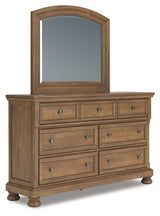 Feddinger King Storage Sleigh Bed with Mirrored Dresser and Chest in Medium Brown from Ashley Furniture - Luna Furniture
