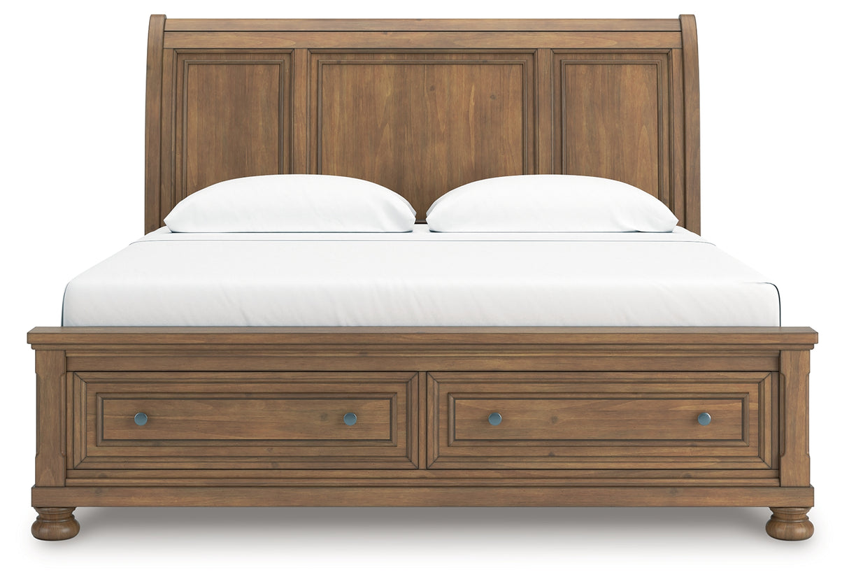 Feddinger King Storage Sleigh Bed with Mirrored Dresser and Chest in Medium Brown from Ashley Furniture - Luna Furniture