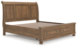 Feddinger King Storage Sleigh Bed with Mirrored Dresser and Chest in Medium Brown from Ashley Furniture - Luna Furniture