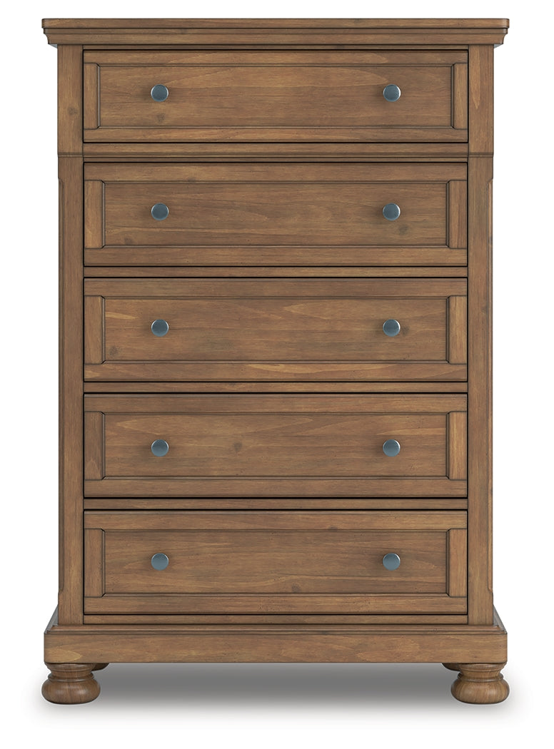 Feddinger King Storage Sleigh Bed with Mirrored Dresser and Chest in Medium Brown from Ashley Furniture - Luna Furniture