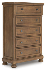 Feddinger King Storage Sleigh Bed with Mirrored Dresser and Chest in Medium Brown from Ashley Furniture - Luna Furniture