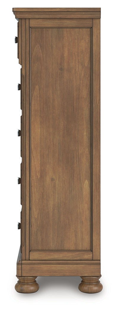 Feddinger King Storage Sleigh Bed with Mirrored Dresser and Chest in Medium Brown from Ashley Furniture - Luna Furniture